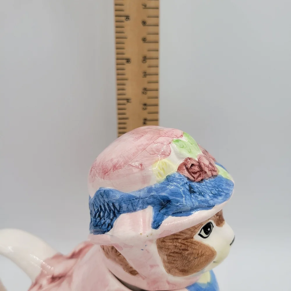 Vintage Ceramic Cat‎ Teapot Victorian Style Pink Blue Dress Collectible Decor
